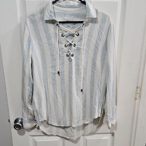 Rails Blue White Stripe Lace Up Long Sleeve Blouse Top Size Small